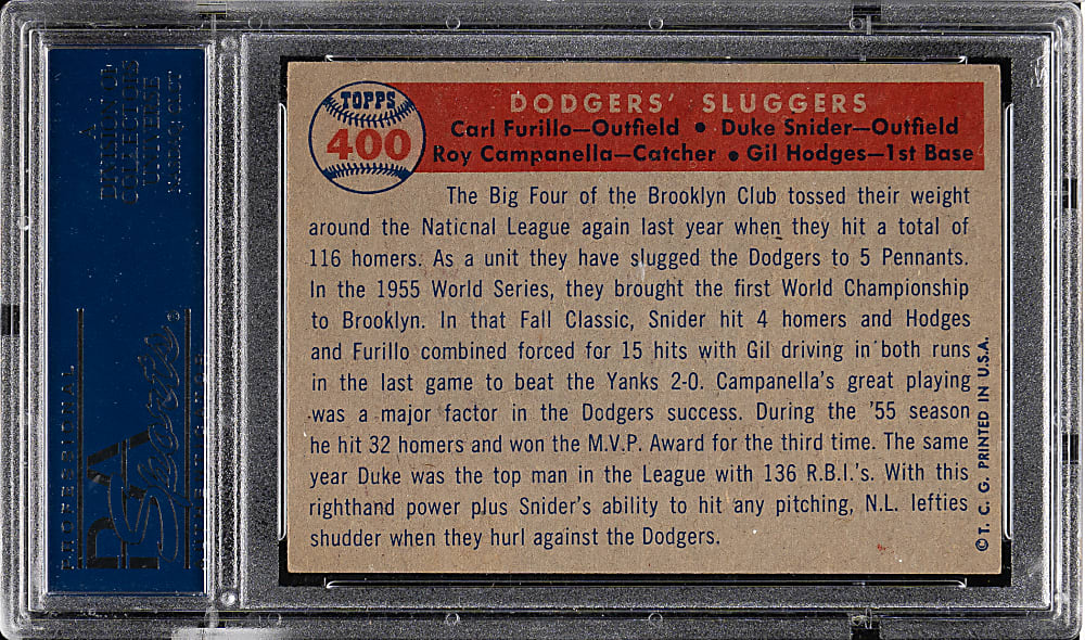 1957 Topps #400 Dodgers' Sluggers with Hodges, Campanella, and Snider PSA EX-MT 6