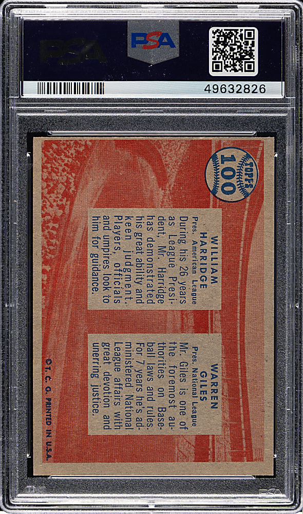 1957 Topps #100 League Presidents with William Harridge and Warren Giles PSA NM 7