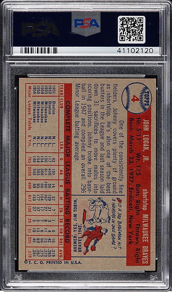 1957 Topps #4 Johnny Logan PSA NM 7