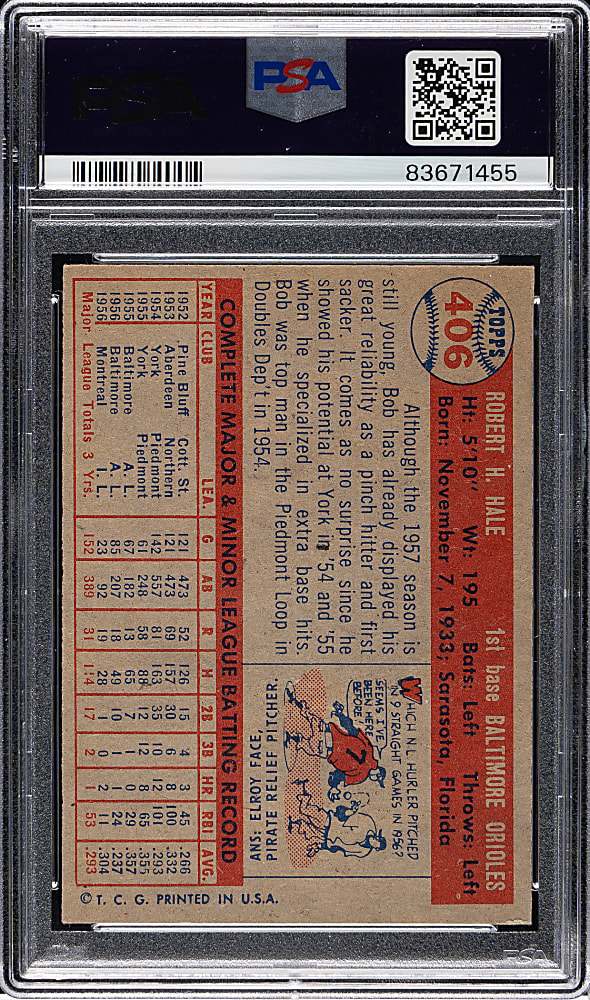 1957 Topps #406 Bob Hale PSA NM 7