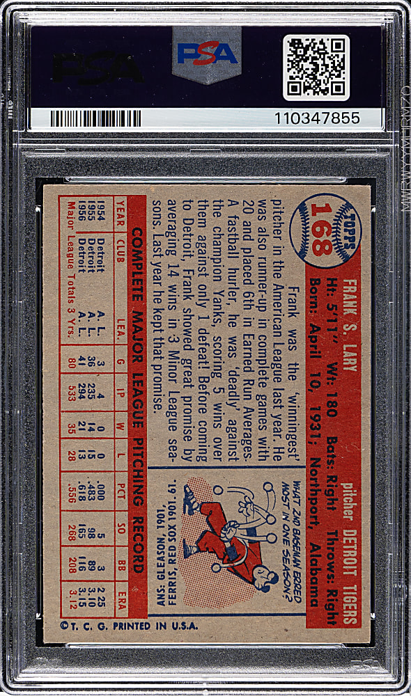 1957 Topps #168 Frank Lary PSA NM-MT 8