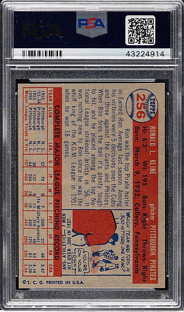 1957 Topps #256 Ronnie Kline PSA NM-MT 8