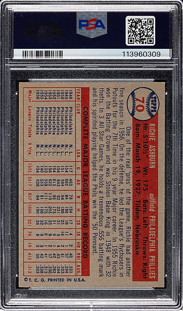 1957 Topps #70 Richie Ashburn PSA NM-MT 8