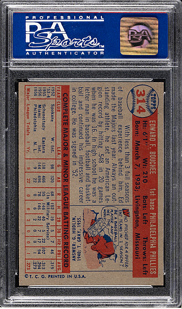 1957 Topps #314 Ed Bouchee PSA NM-MT 8