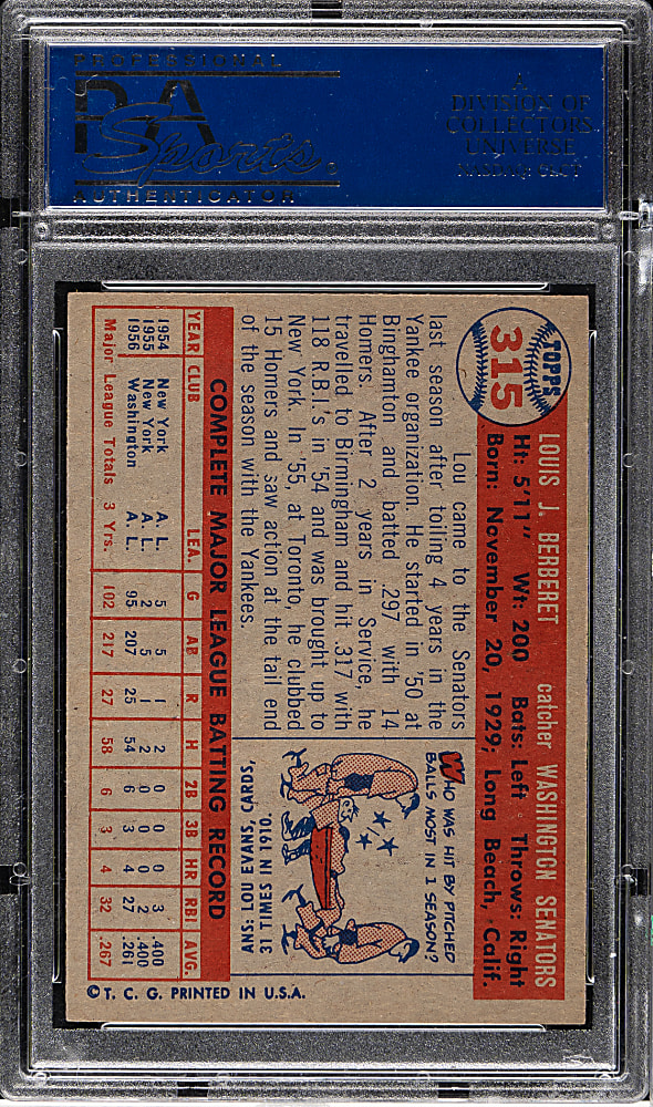 1957 Topps #315 Lou Berberet PSA NM-MT 8