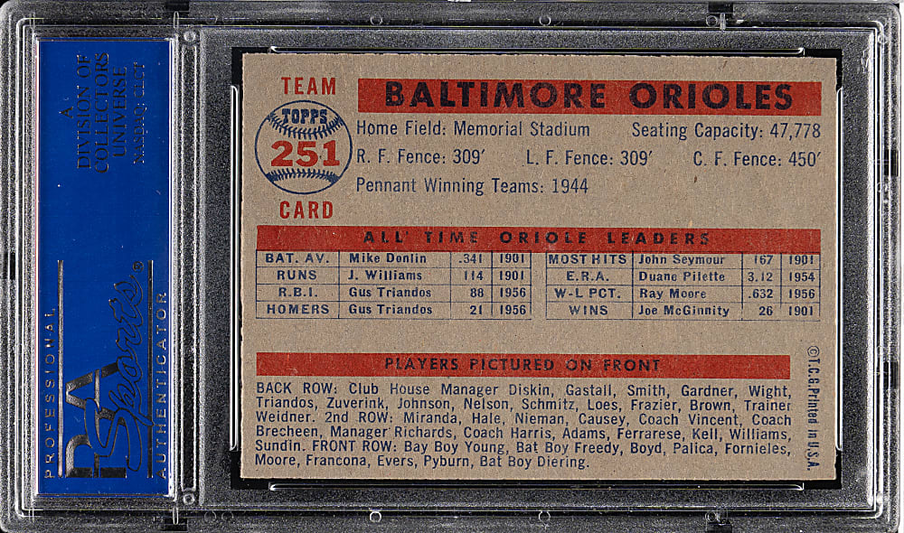 1957 Topps #251 Baltimore Orioles Team PSA NM-MT 8