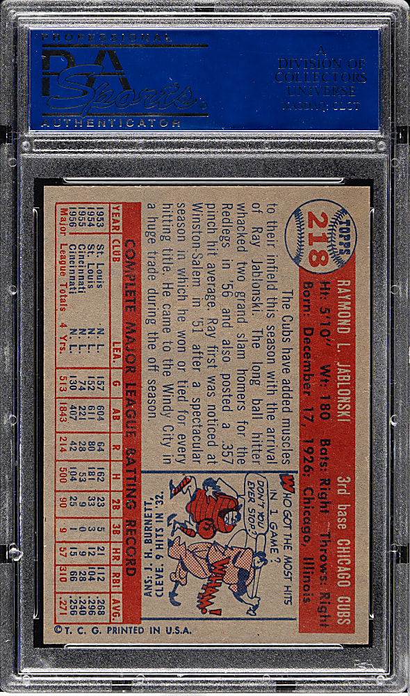 1957 Topps #218 Ray Jablonski PSA MINT 9