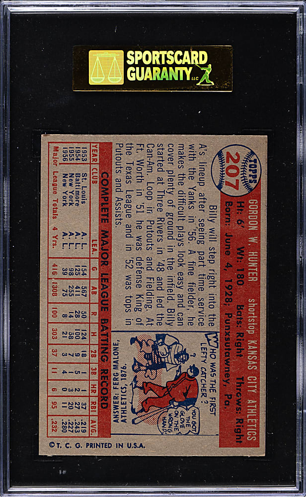 1957 Topps #207 Billy Hunter SGC NM/MT+ 92