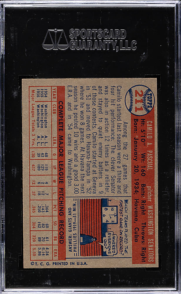 1957 Topps #211 Camilo Pascual SGC NM/MT+ 92