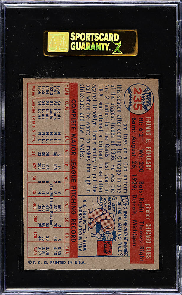 1957 Topps #235 Tom Poholsky SGC MINT 96