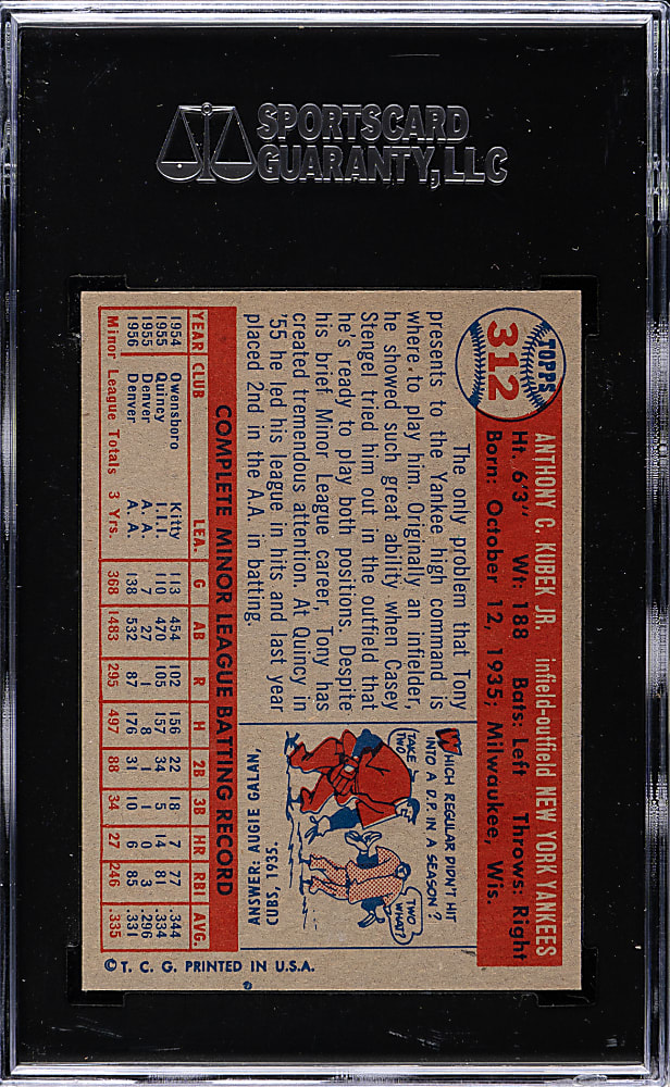 1957 Topps #312 Tony Kubek Rookie SGC NM/MT 88