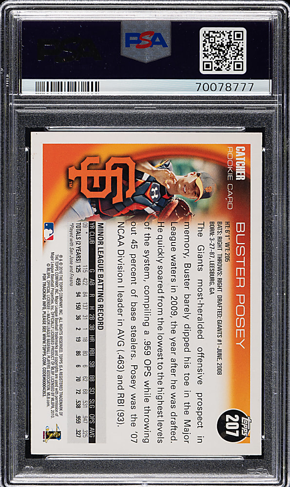 Signed 2010 Topps Opening Day #207 Buster Posey Rookie PSA/DNA GEM MINT 10