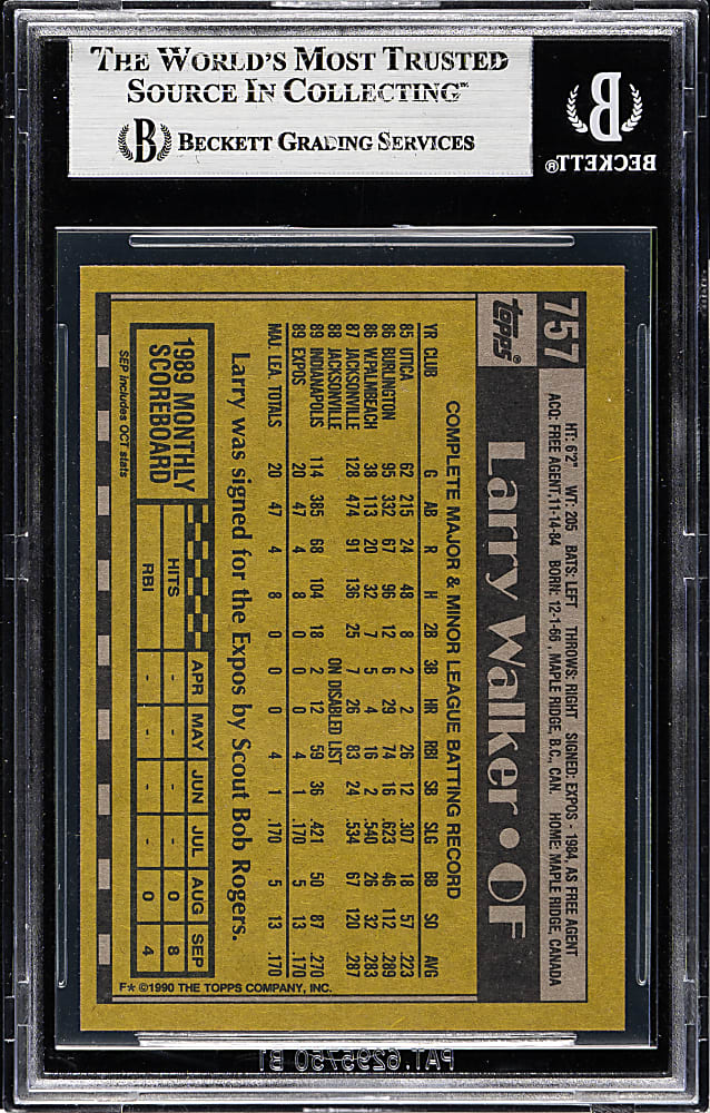 Signed 1990 Topps #757 Larry Walker Rookie - Beckett