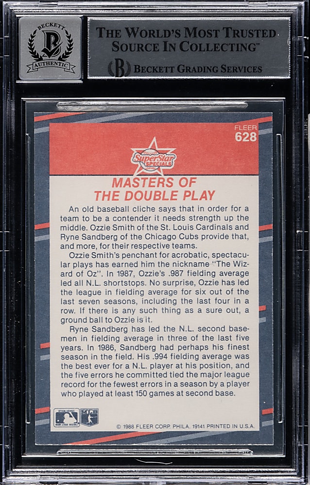 Signed 1988 Fleer #628 Masters of the Double Play with Ryne Sandberg and Ozzie Smith Beckett GEM MINT 10