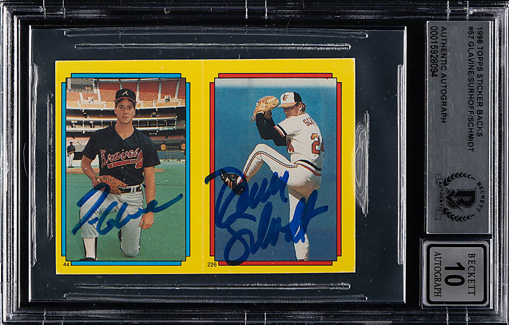 Signed 1988 Topps Stickers Super Star Backs #57 Tom Glavine/B.J. Surhoff/Dave Schmidt Beckett GEM MINT 10