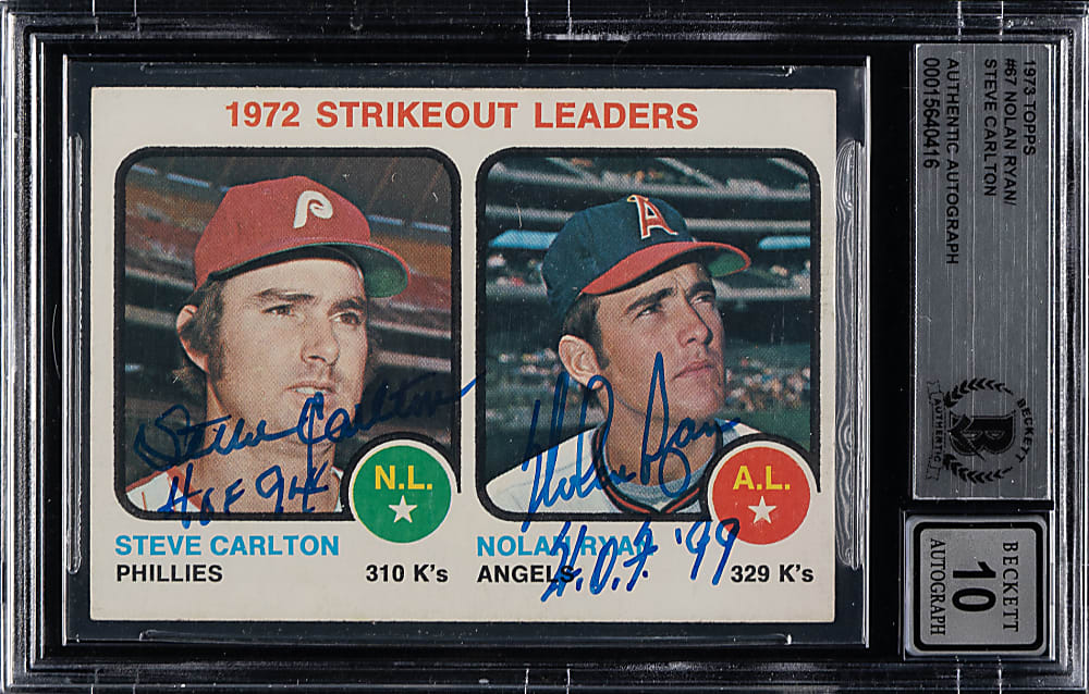 Signed 1973 Topps #67 Strikeout Leaders with Steve Carlton and Nolan Ryan Beckett GEM MINT 10