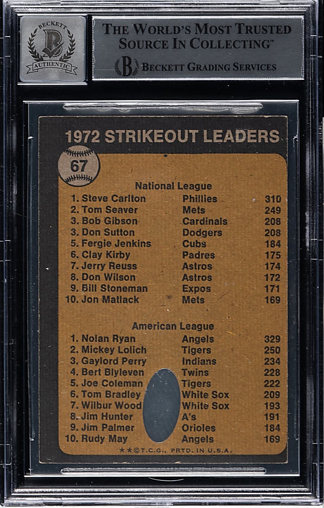 Signed 1973 Topps #67 Strikeout Leaders with Steve Carlton and Nolan Ryan Beckett GEM MINT 10