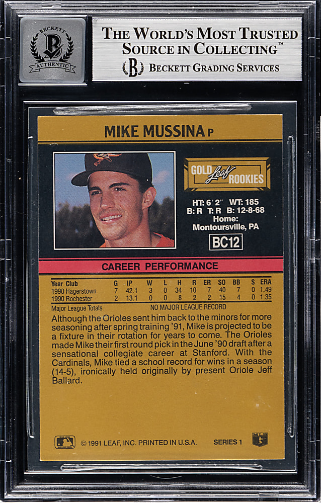 Signed 1991 Leaf Gold Rookies #BC12 Mike Mussina Rookie Beckett GEM MINT 10