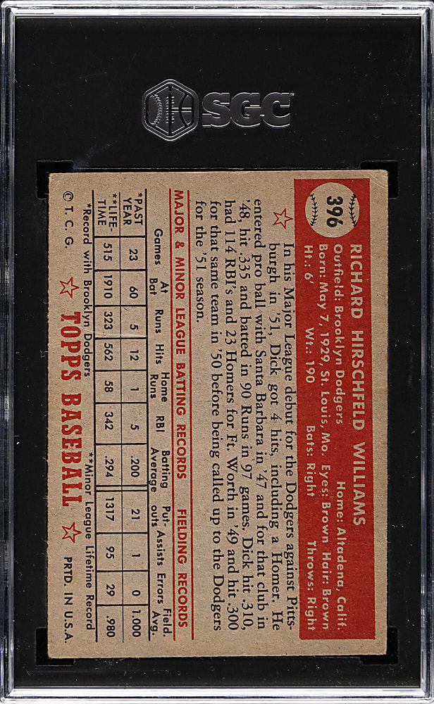 1952 Topps #396 Dick Williams Rookie High Number SGC VG/EX 4