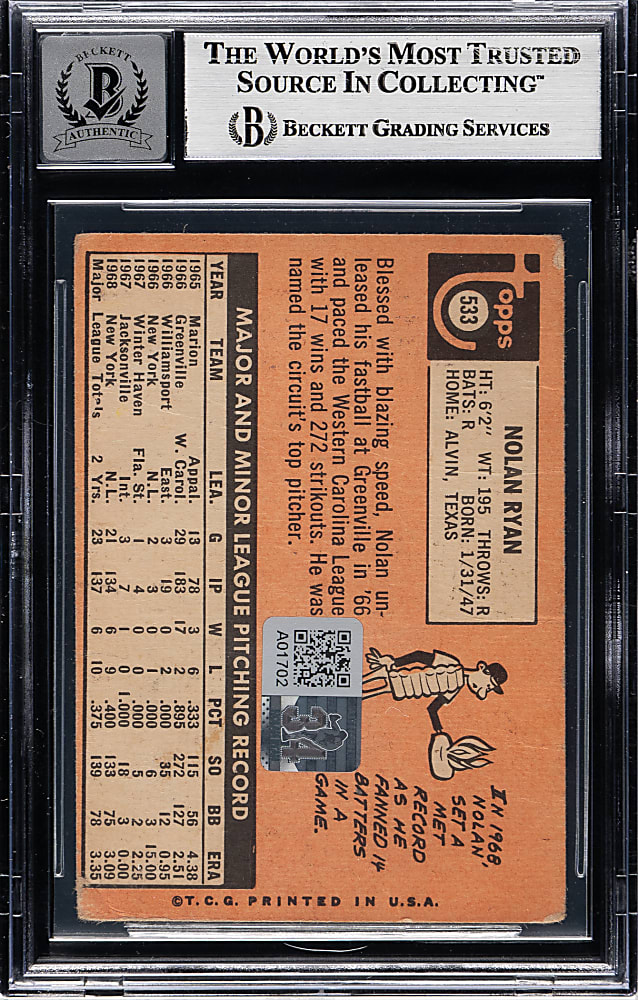 Signed 1969 Topps #533 Nolan Ryan Beckett GEM MINT 10