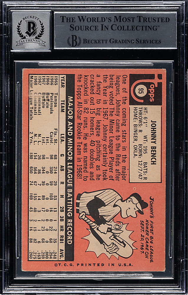 Signed 1969 Topps #95 Johnny Bench Beckett GEM MINT 10