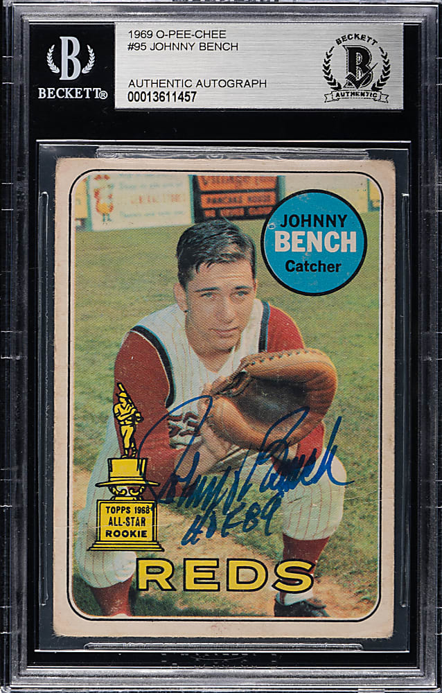 Signed 1969 O-Pee-Chee #95 Johnny Bench - Beckett