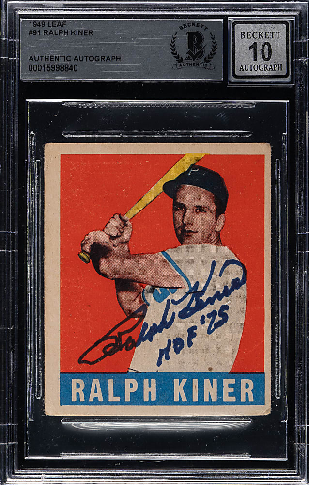 Signed 1948-1949 Leaf #91 Ralph Kiner Rookie Beckett GEM MINT 10