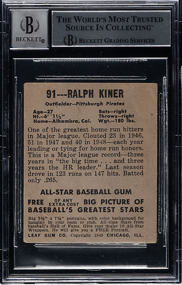 Signed 1948-1949 Leaf #91 Ralph Kiner Rookie Beckett GEM MINT 10