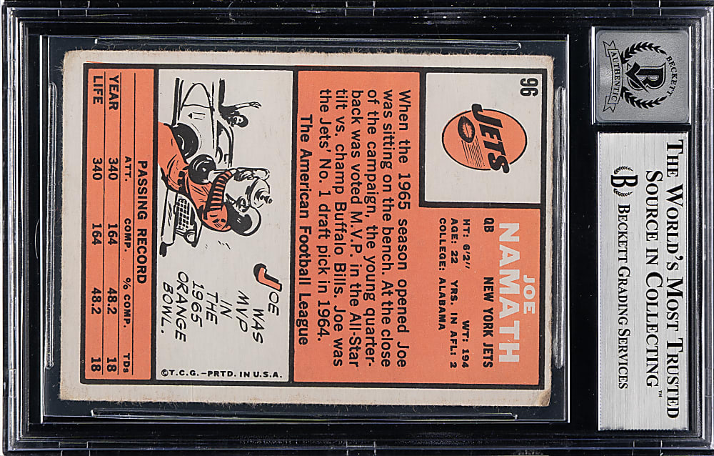 Signed 1966 Topps Football #96 Joe Namath Beckett GEM MINT 10