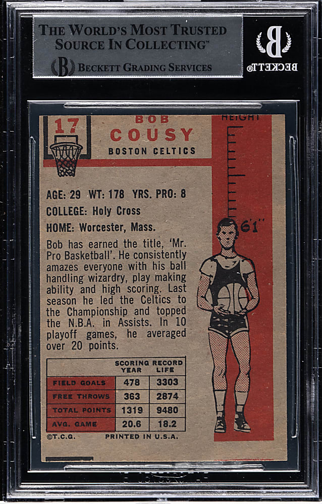 Signed 1957-1958 Topps Basketball #17 Bob Cousy Rookie - Beckett