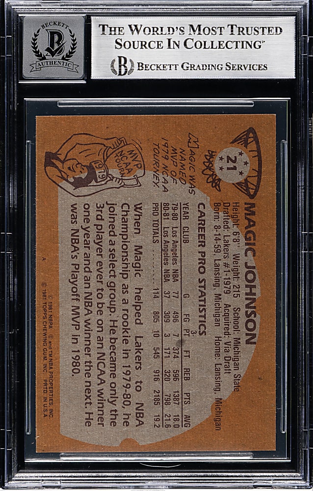 Signed 1981-1982 Topps Basketball #21 Magic Johnson Beckett GEM MINT 10