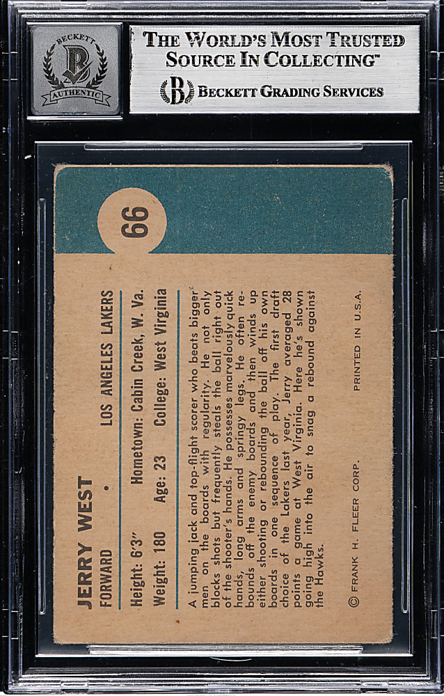 1961-1962 Fleer Basketball #66 Jerry West In Action Beckett GEM MINT 10