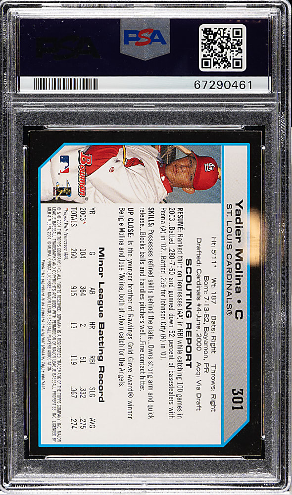 2004 Bowman #301 Yadier Molina Rookie PSA MINT 9