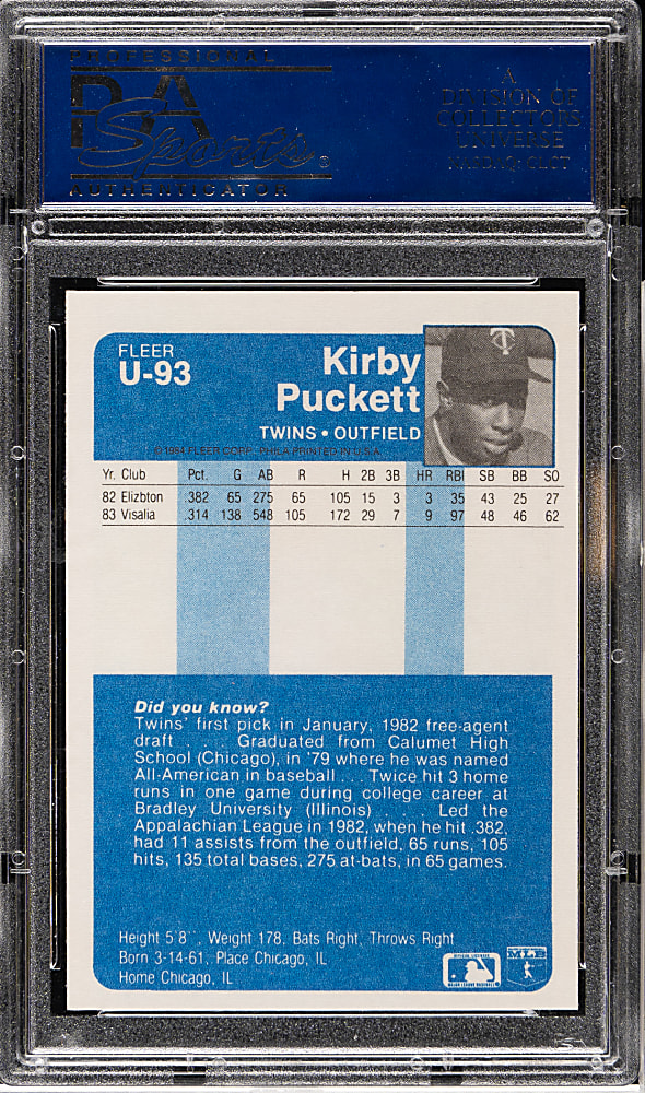 1984 Fleer Update #U-93 Kirby Puckett Rookie PSA MINT 9