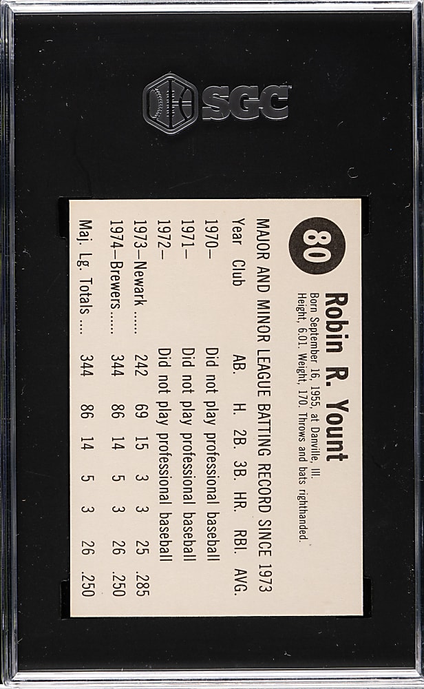 1975 Hostess #80 Robin Yount Rookie SGC GEM MINT 10