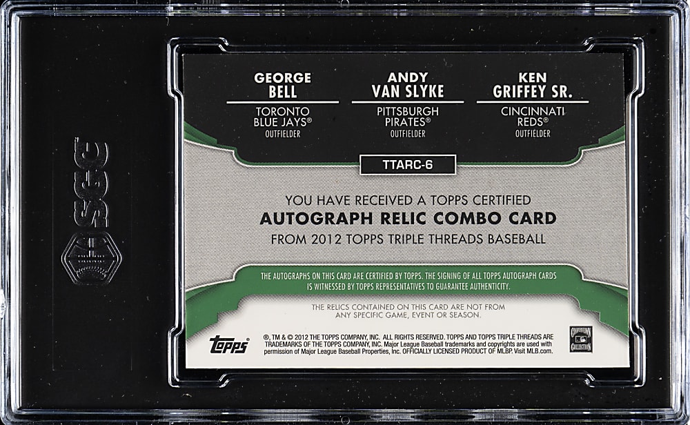 2012 Topps Triple Threads Triple Autographed Relic #TTARC-6 George Bell/Andy Van Slyke/Ken Griffey Sr. #4/18 SGC MINT 9