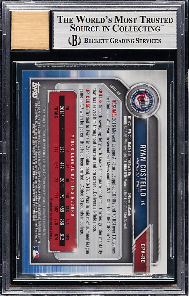 2019 Bowman Chrome Prospect Autographs #CPA-RC Ryan Costello Purple Refractor #206/250 BGS MINT 9 with GEM MINT 10 Signature