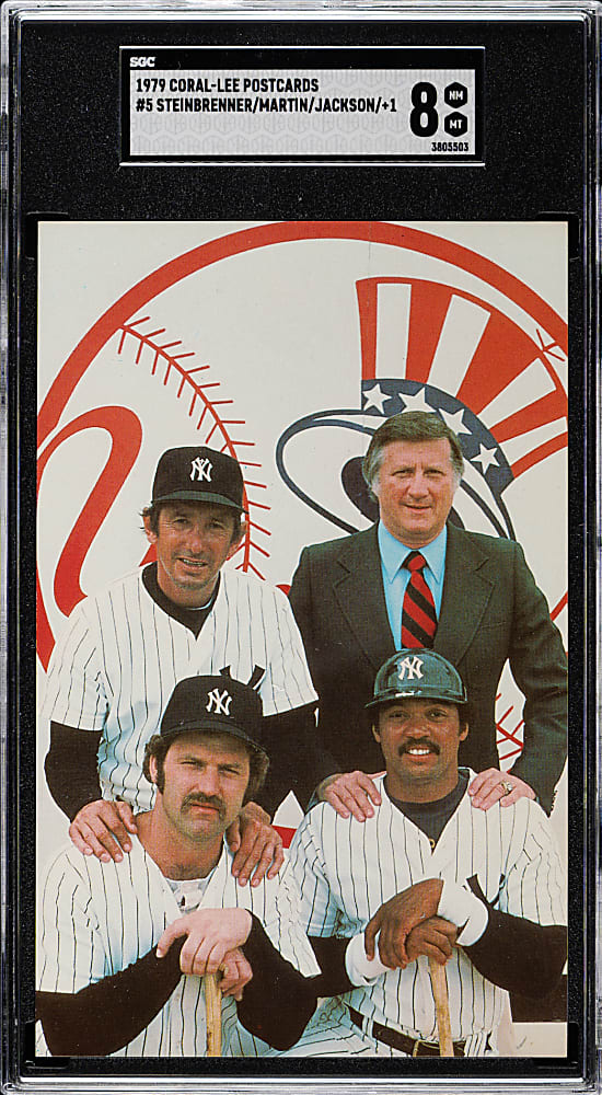1979-1983 Coral-Lee Postcards #5 George Steinbrenner/Billy Martin/Reggie Jackson/Thurmon Munson SGC NM/MT 8