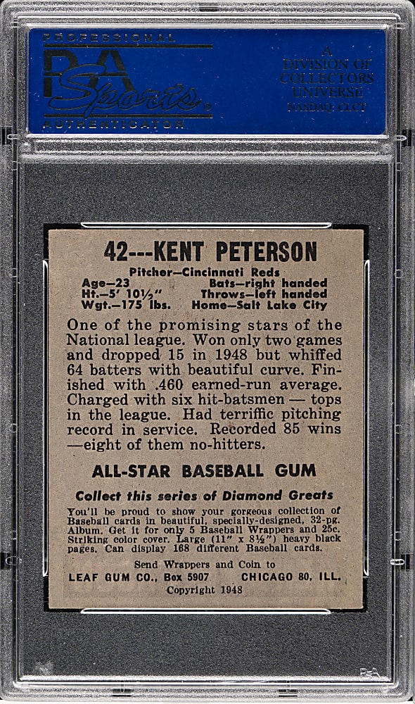 1948-1949 Leaf #42 Kent Peterson Black Cap PSA EX-MT 6