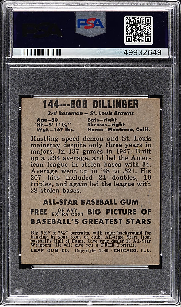 1948-1949 Leaf #144 Bob Dillinger Short Print PSA EX 5