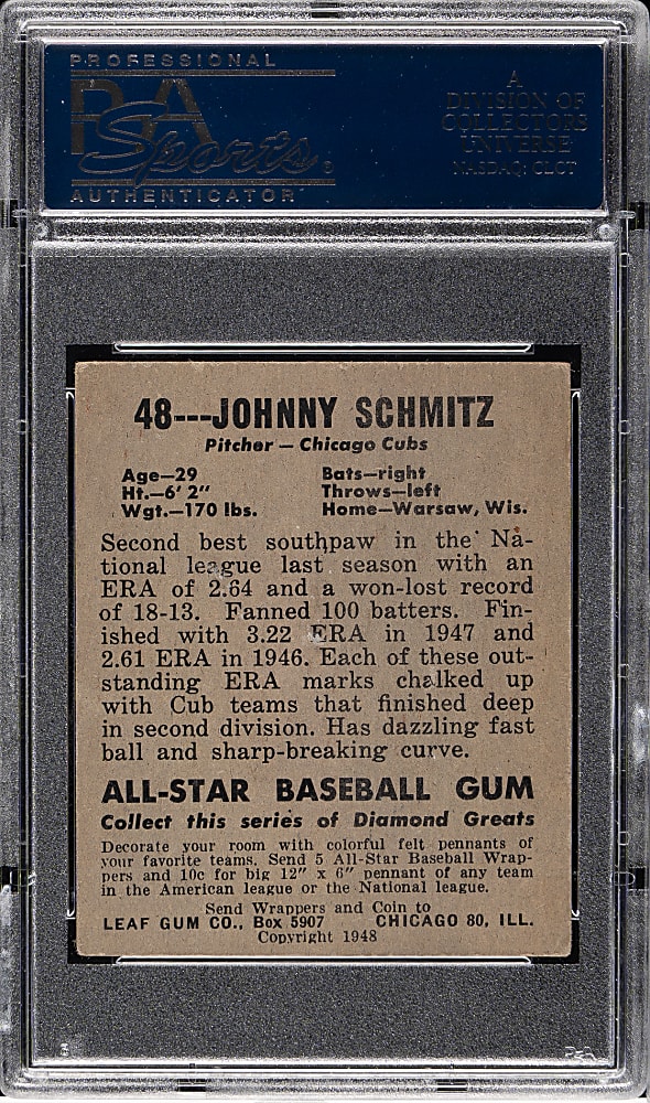 1948-1949 Leaf #48 Johnny Schmitz Short Print PSA VG-EX 4