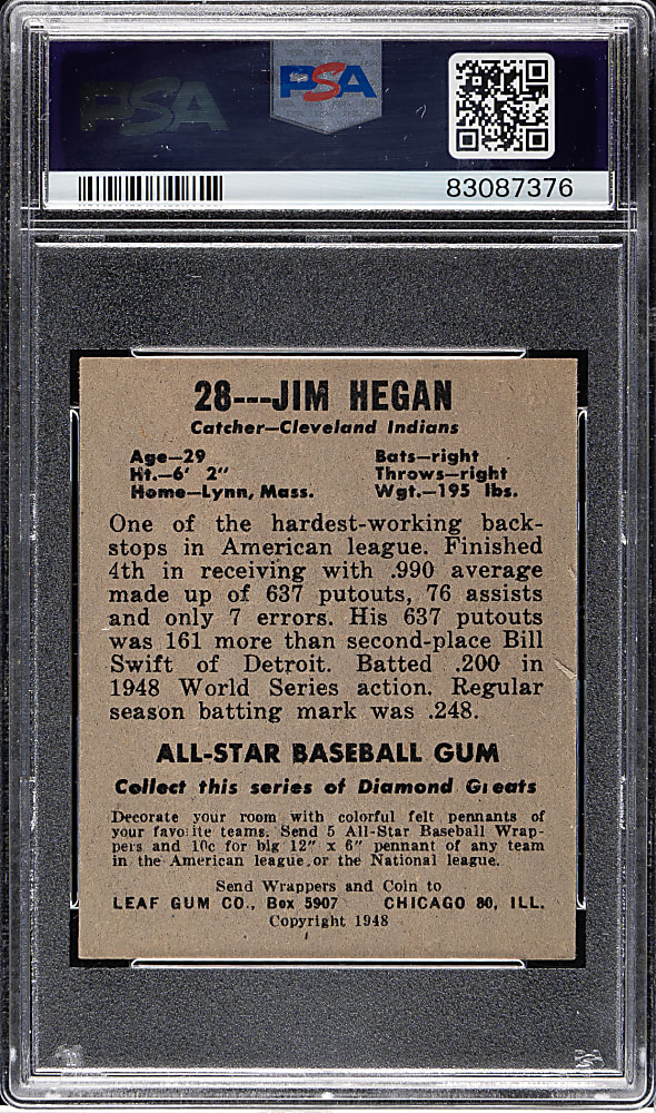 1948-1949 Leaf #28 Jim Hegan PSA VG-EX 4