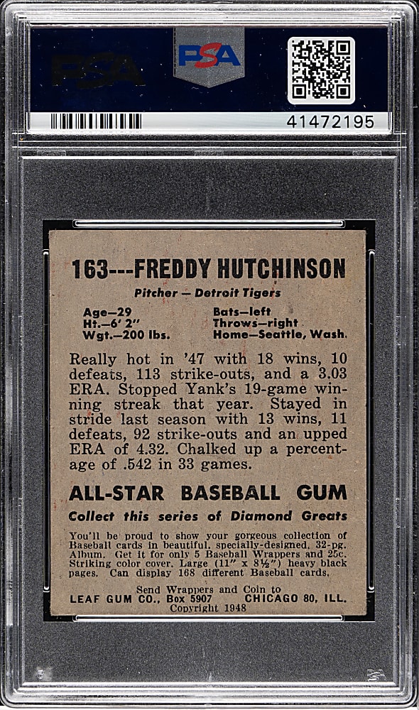 1948-1949 Leaf #163 Freddy Hutchinson Short Print PSA VG-EX 4