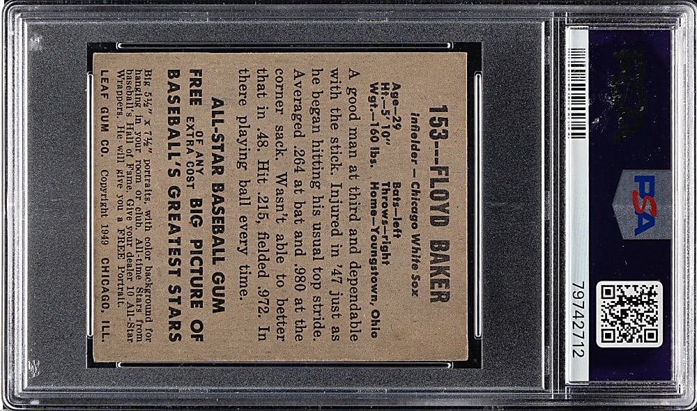 1948-1949 Leaf #153 Floyd Baker Short Print PSA VG-EX 4