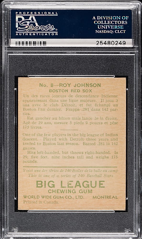1933 V353 World Wide Gum Canadian Goudey #8 Roy Johnson PSA EX-MT 6