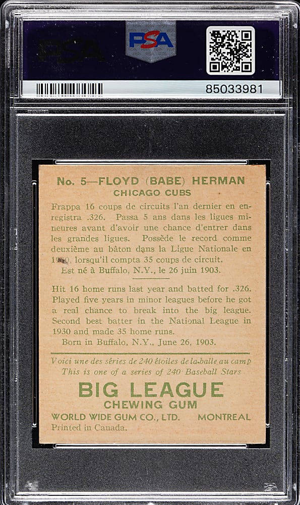 1933 V353 World Wide Gum Canadian Goudey #5 Babe Herman PSA EX 5