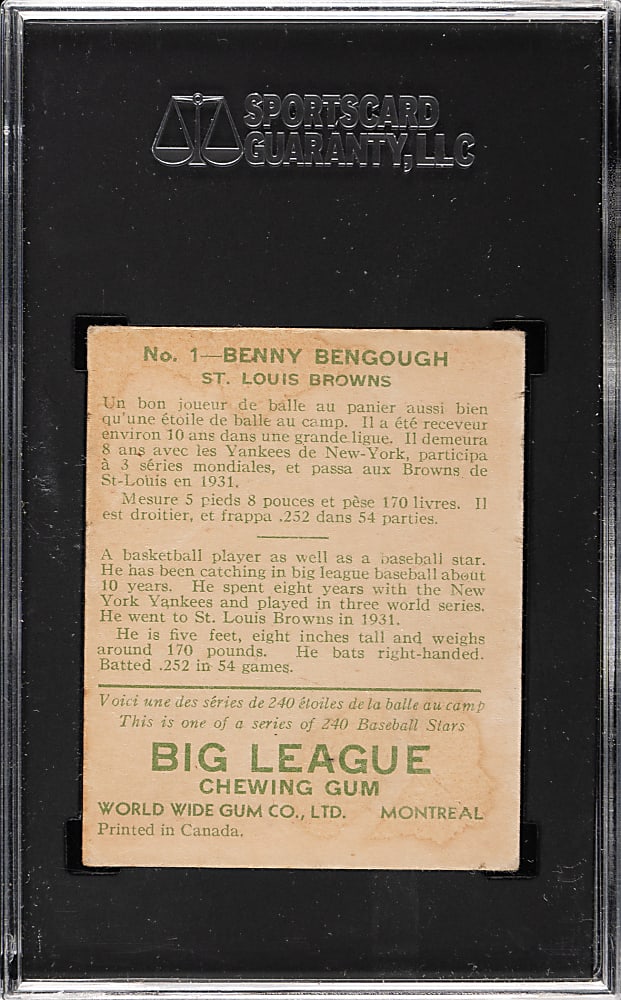 1933 V353 World Wide Gum Canadian Goudey #1 Benny Bengough SGC VG 40