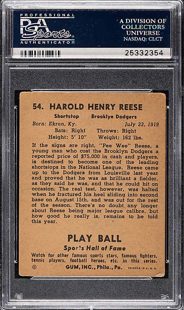1941 R336 Play Ball #54 Pee Wee Reese Rookie PSA VG 3