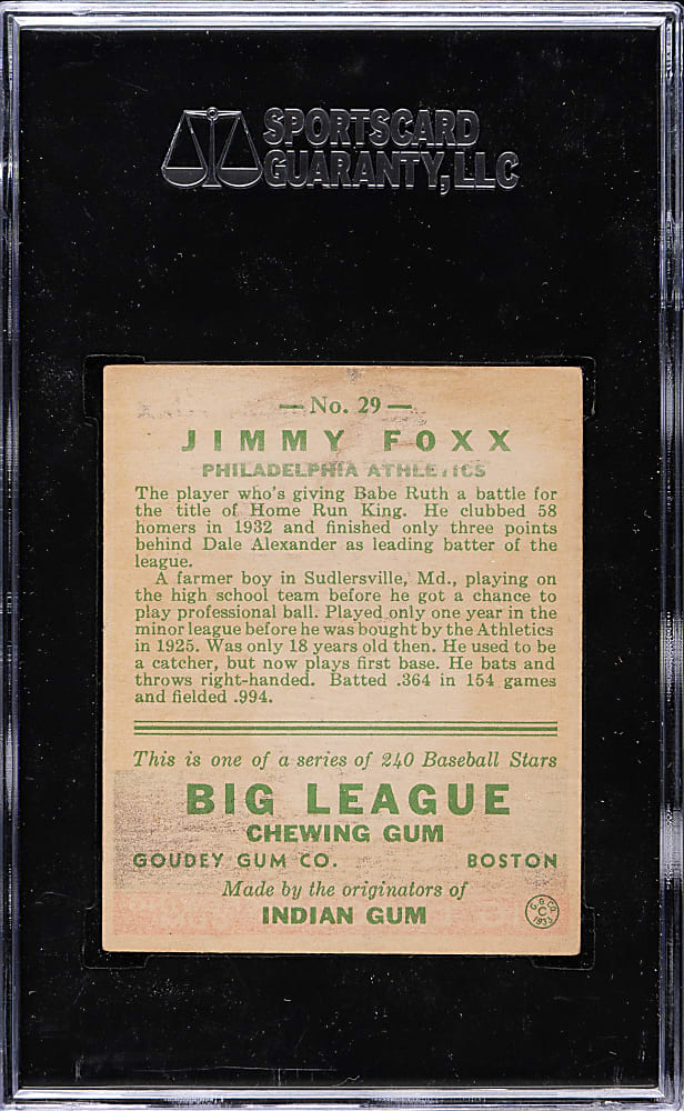 1933 R319 Goudey #154 Jimmy Foxx SGC Authentic