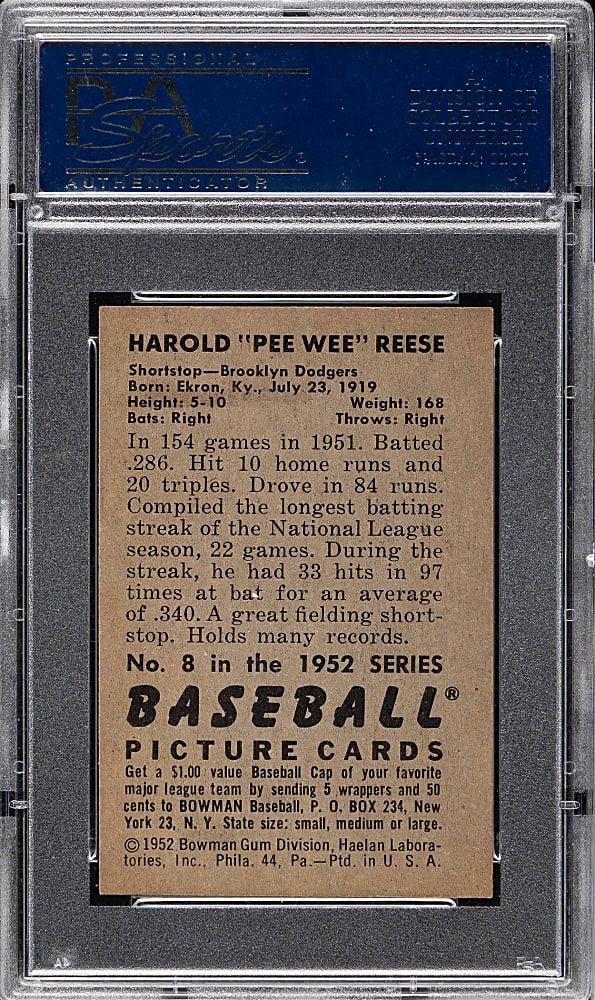 1952 Bowman #8 Pee Wee Reese PSA NM 7